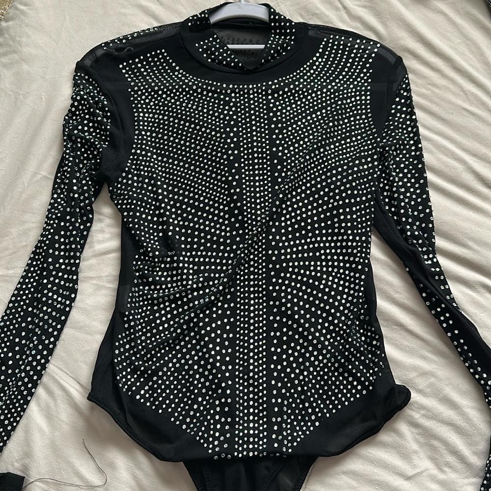 Rhinestone shear black mock neck thong body suit